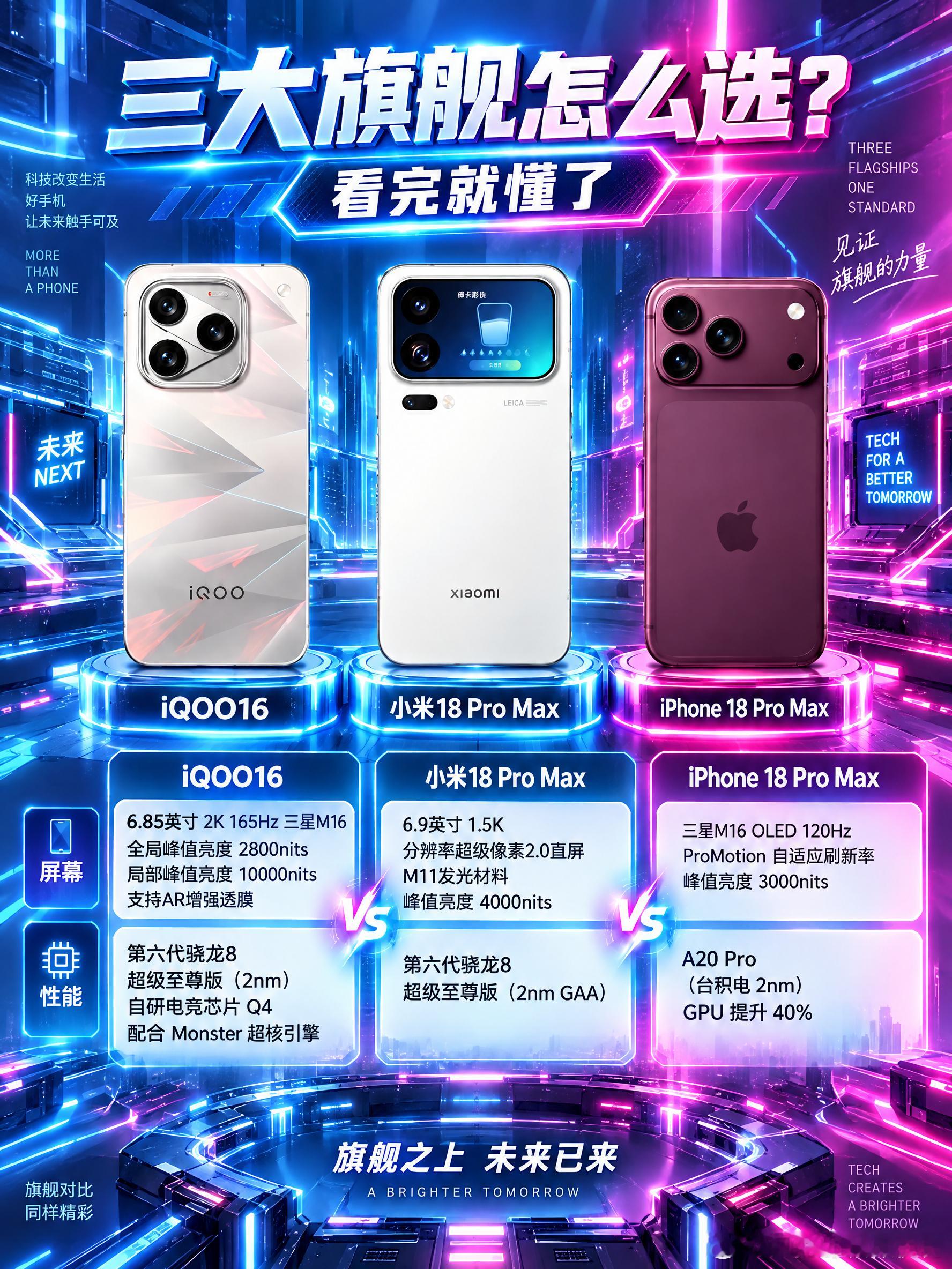 三大旗舰怎么选？看完就懂了 最近机皇大乱斗！iQOO16、iPhone18ProMax、小米18Pr