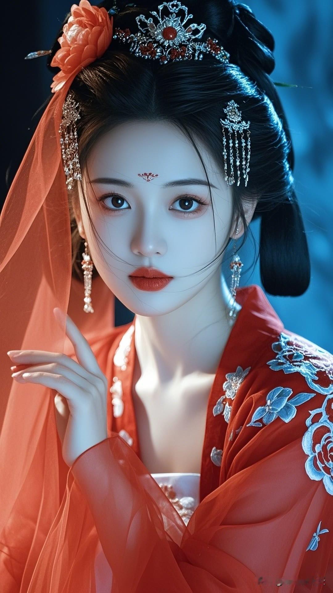 她着古装，身姿婀娜，眉眼如画，浅笑间似有千年韵味，美得让人窒息！古韵红衣女神国