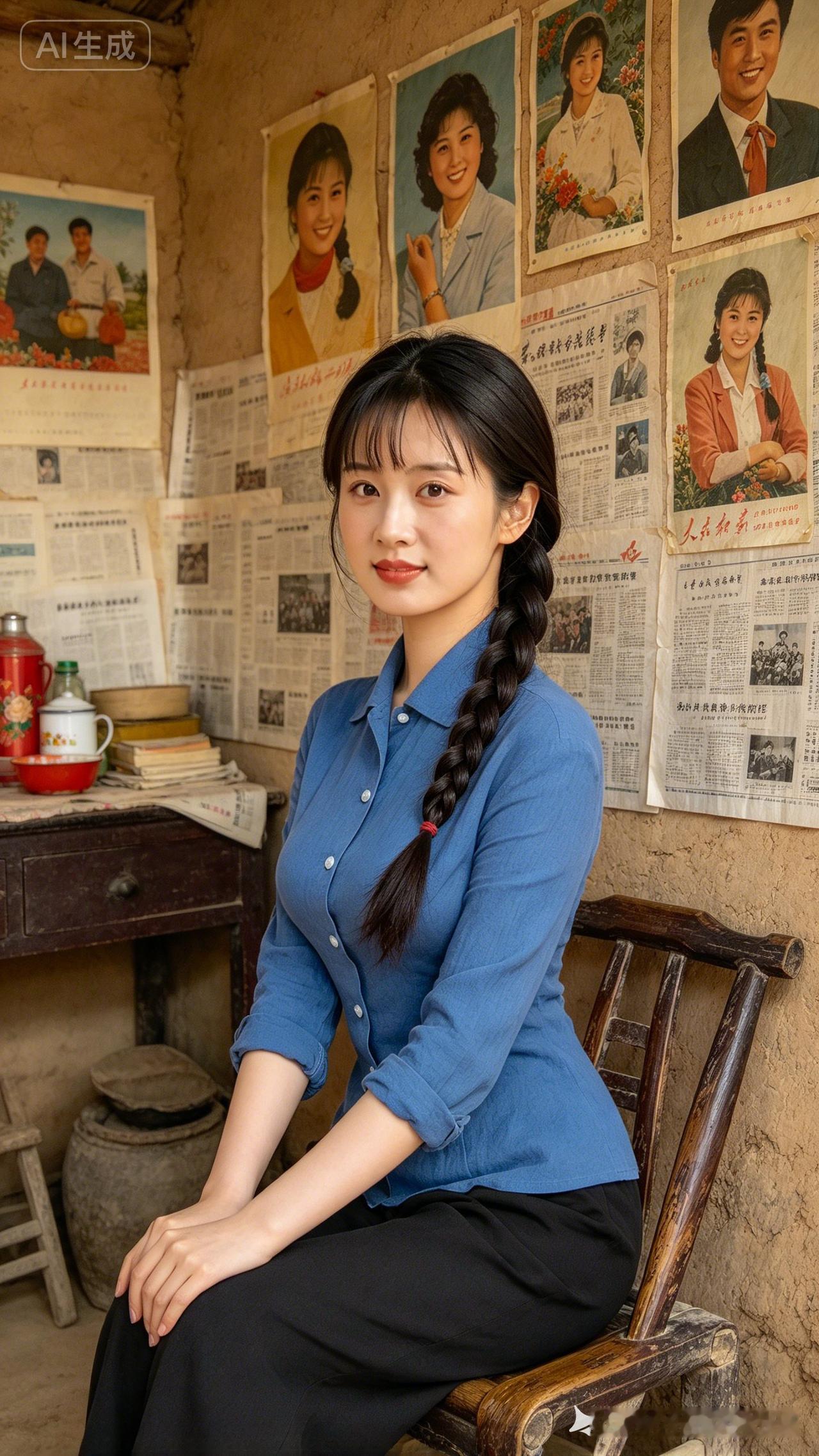 一个女孩坐在椅子上，背景是海报和报纸。