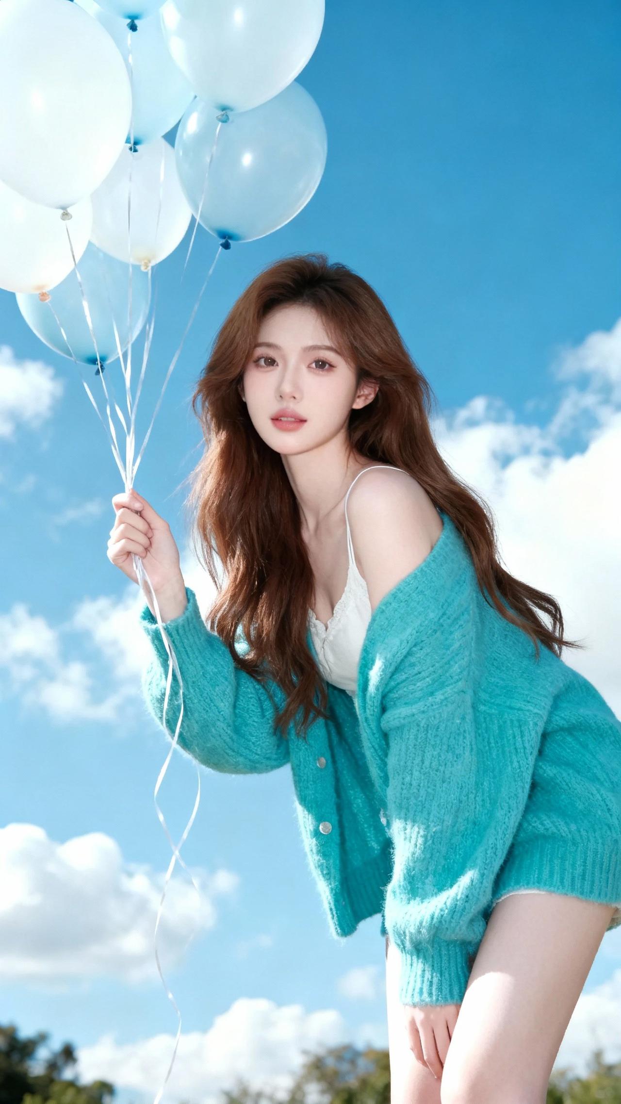 少女心满满，蓝白气球，清新自然，元气满满的一天！🎈💕