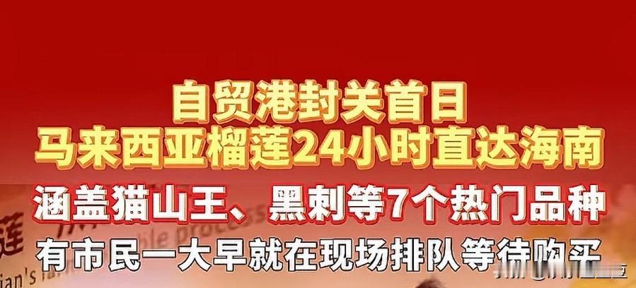 海南封关后榴莲价格大跳水！猫山王、黑刺降价超30%。海南自贸港封关首日，马来西亚