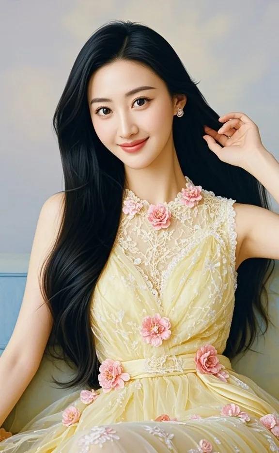 温柔甜美的粉色花朵连衣裙，搭配优雅的长发，散发着浪漫气息粉色气质连衣裙粉色长裙