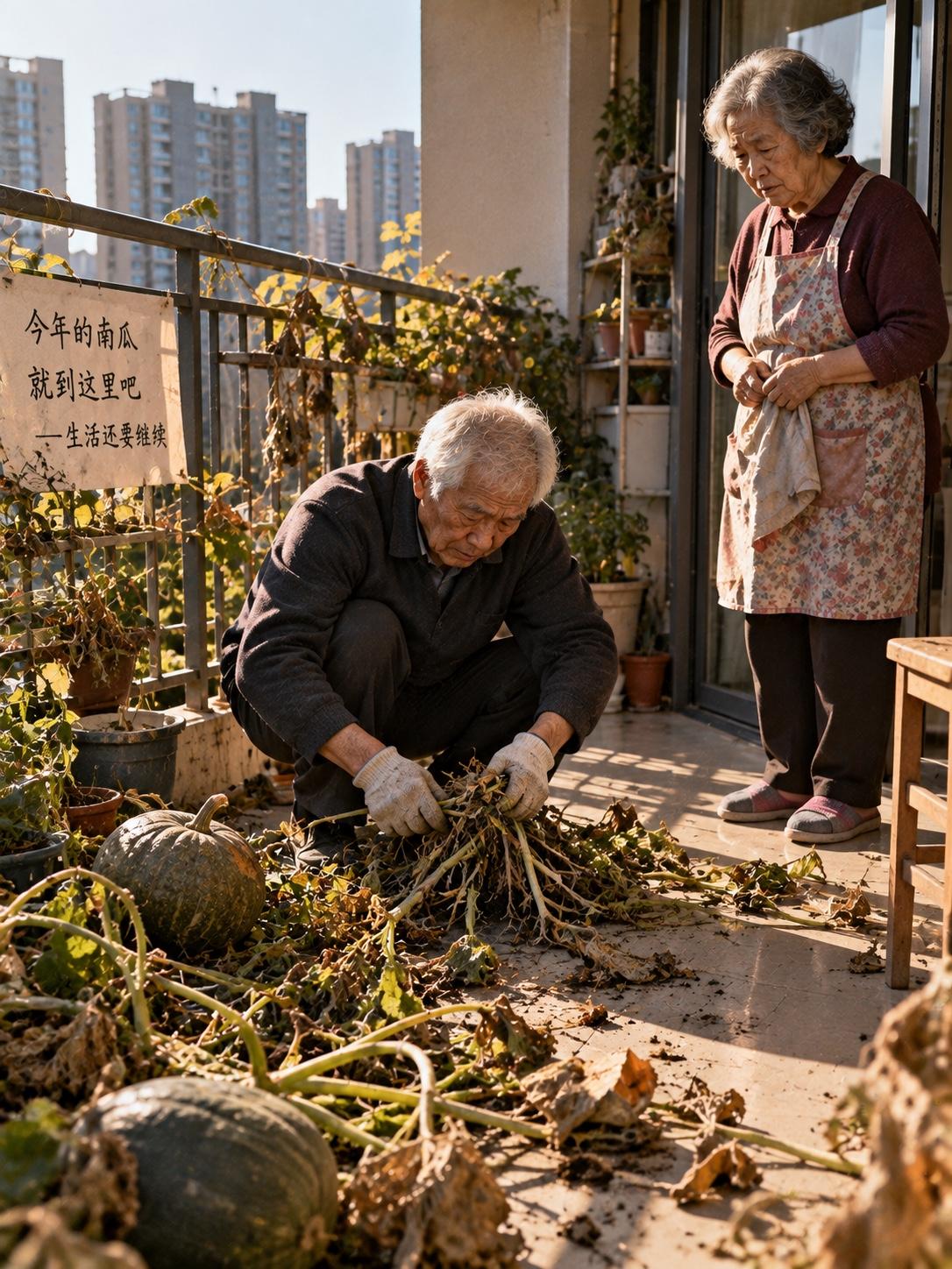 七个老南瓜，硬是让两位老人把藤砍了。浙江绍兴75岁的大爷，就是在自家阳台种了