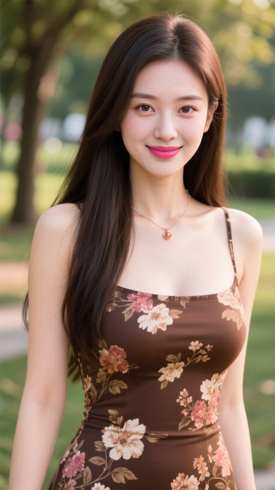 褐裙伴夏风公园林荫里漫着软风，她立在光斑间笑时，像把夏意绣进了褐裙的花簇中