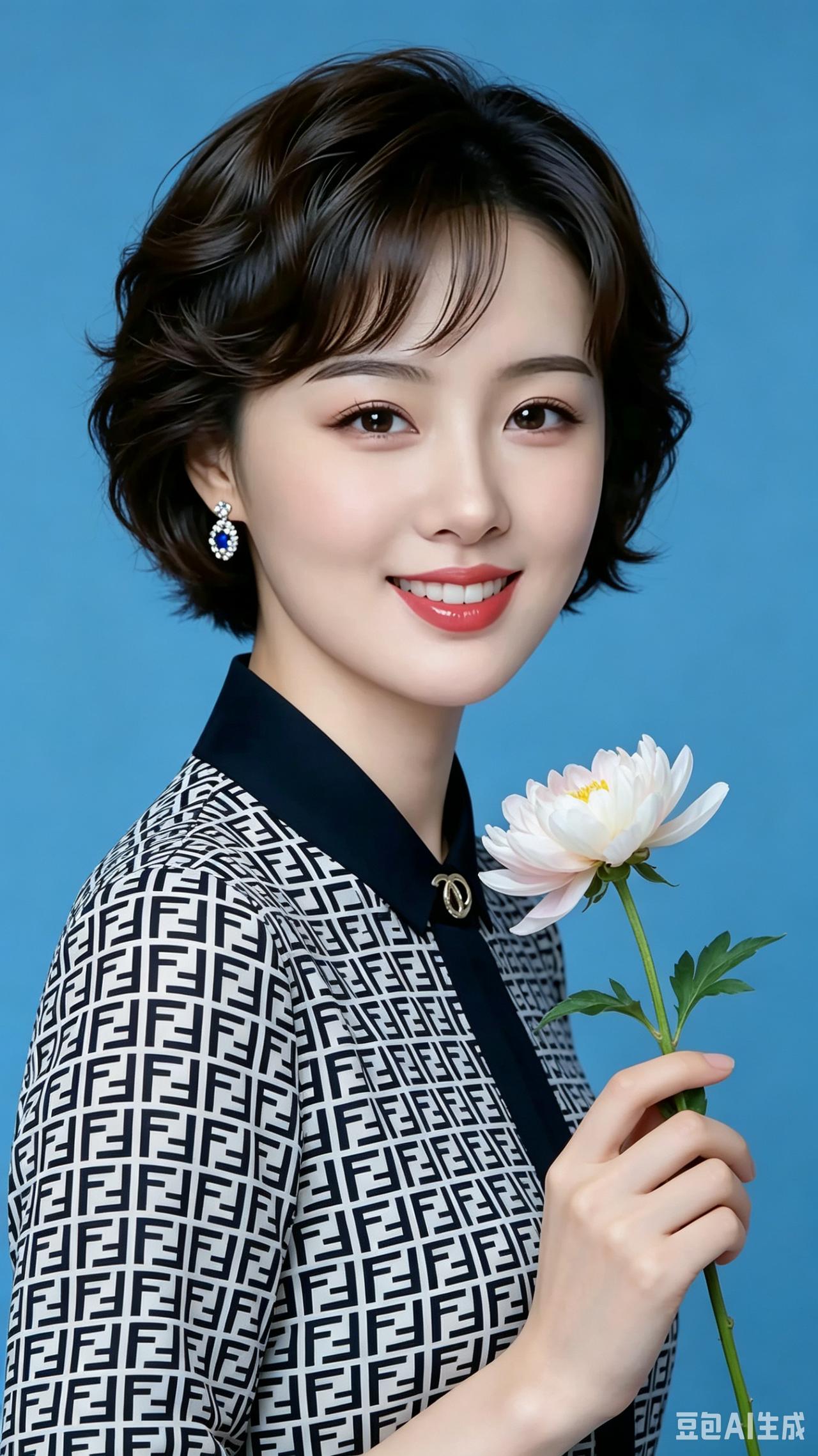 七言小诗短发温婉韵悠长，秀目如波意韵藏。朱唇浅笑风情显，宝饰垂肩映靓妆。眉