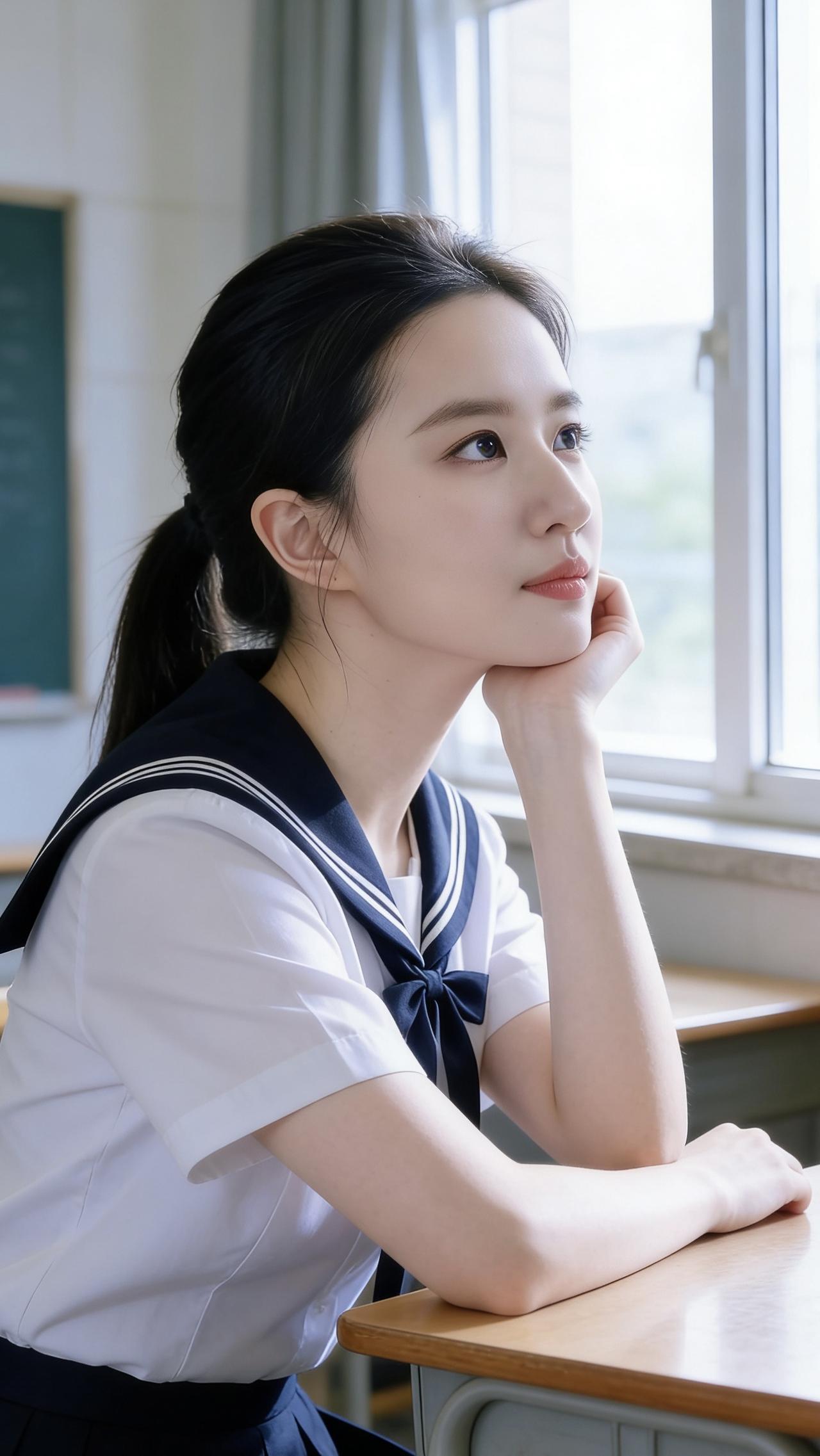 她穿着一套清爽的水手服，白衬衫配藏青领襟，三道细白纹路点缀领口…少女感白衬衣