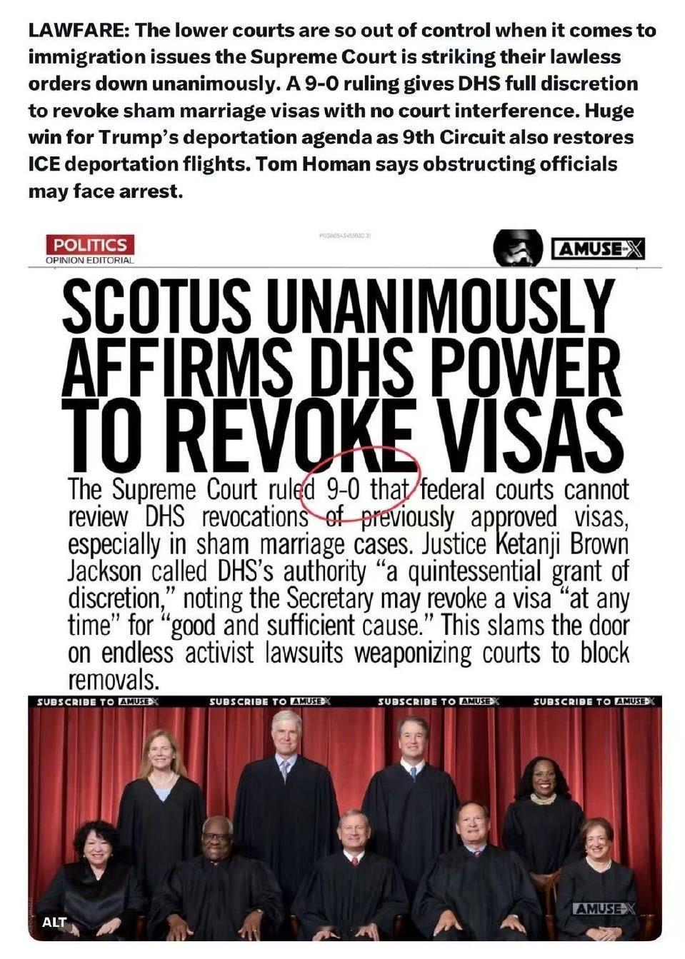 美最高法院一致裁定国土安全部有权撤销签证！最高法院以9票全票通过裁决，联邦法