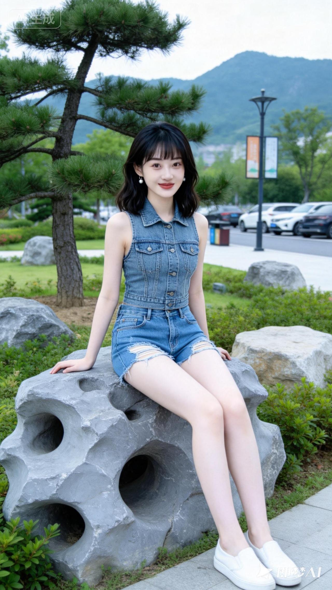 夏日清新穿搭，牛仔短裙搭配白色运动鞋，轻松自在！🌞👗👟