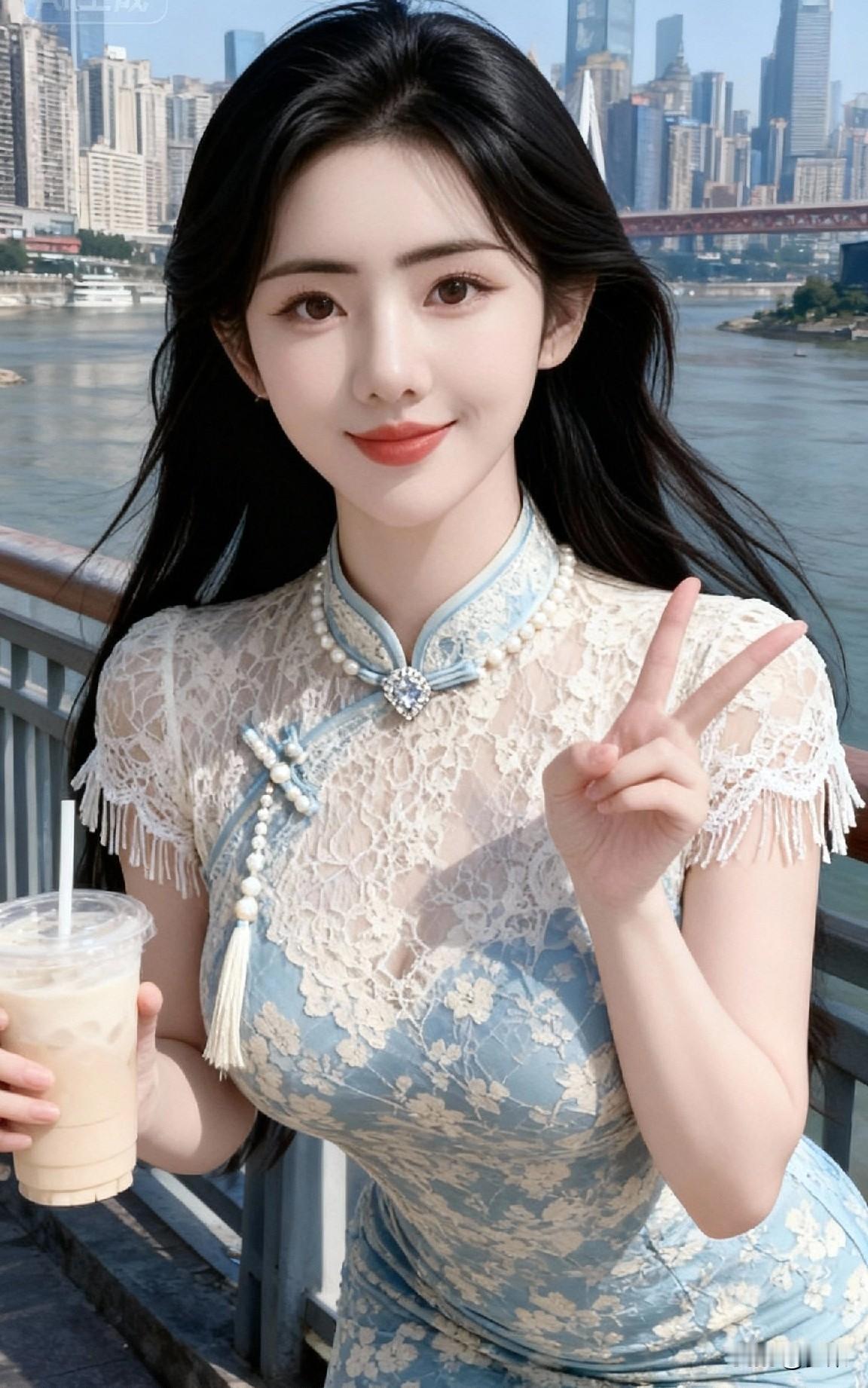 最近奶茶喝多，体重见长。今儿穿上旗袍，小小臭美一番。你们觉得，是胖点好看，还是瘦