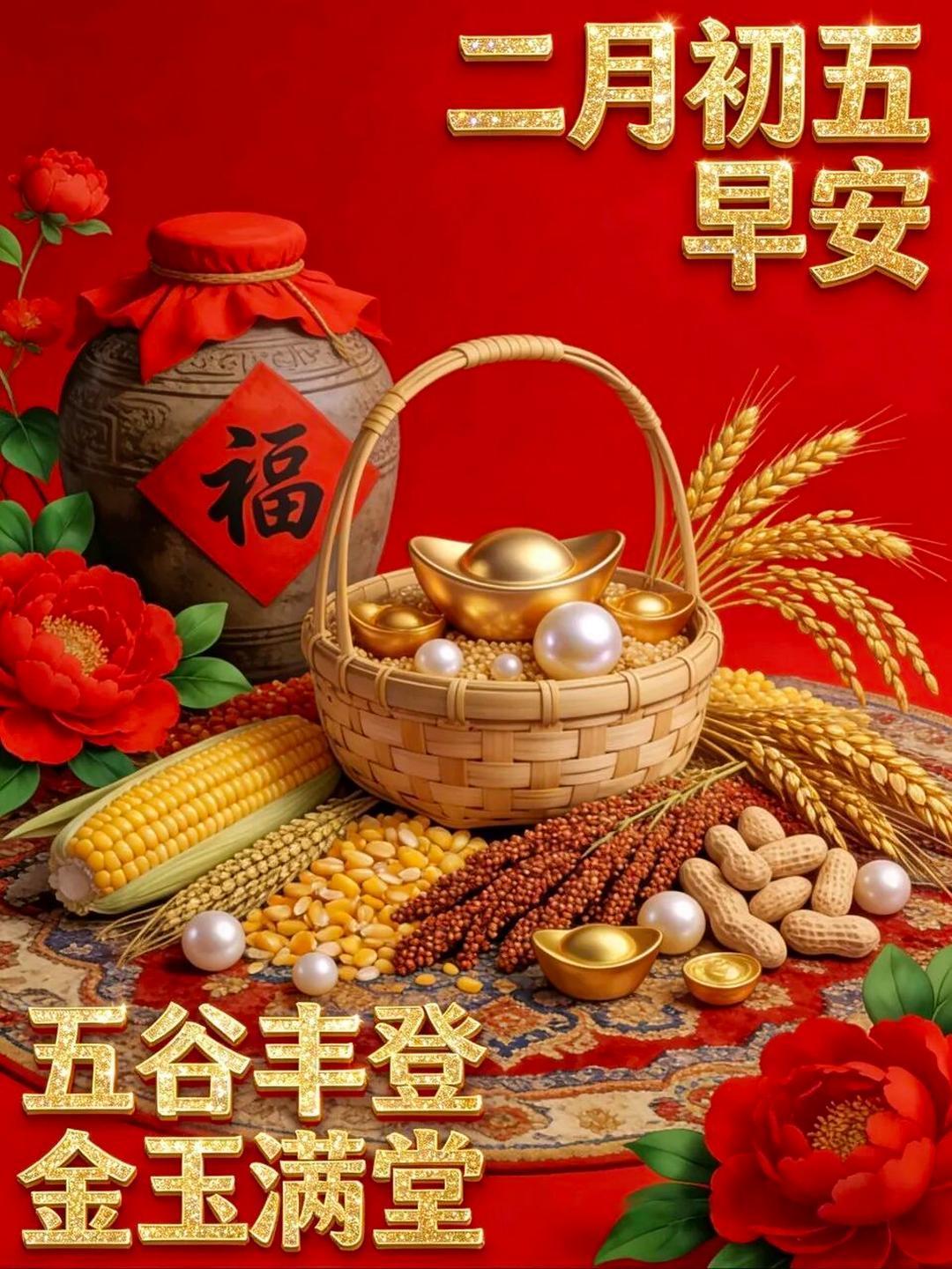二月初五，五福临门，好运相随。愿你福星高照，五谷丰登，金玉满堂，日子甜蜜，喜乐常