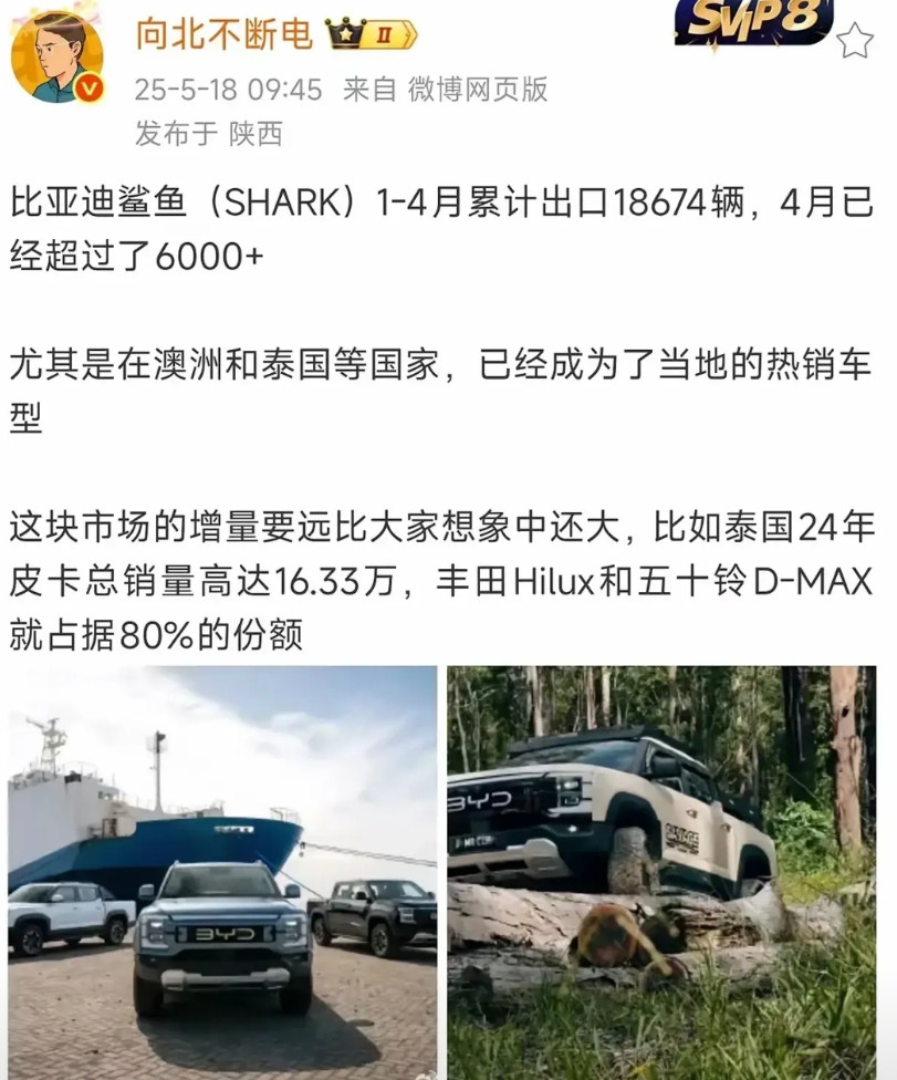 据向北爆料比亚迪皮卡将在国内上市，出口的车型是鲨鱼6，国内上市将是小一号的皮卡，