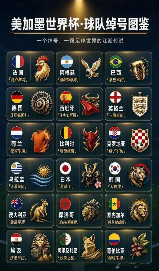 球迷整理的世界杯各大国家球队绰号，咱们国足的绰号是啥呢？世界杯