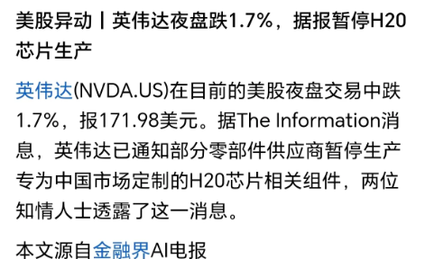 英伟达郁闷了！H20芯片停产了！根据媒体报道，英伟达已经通知部分零配件供应商，暂