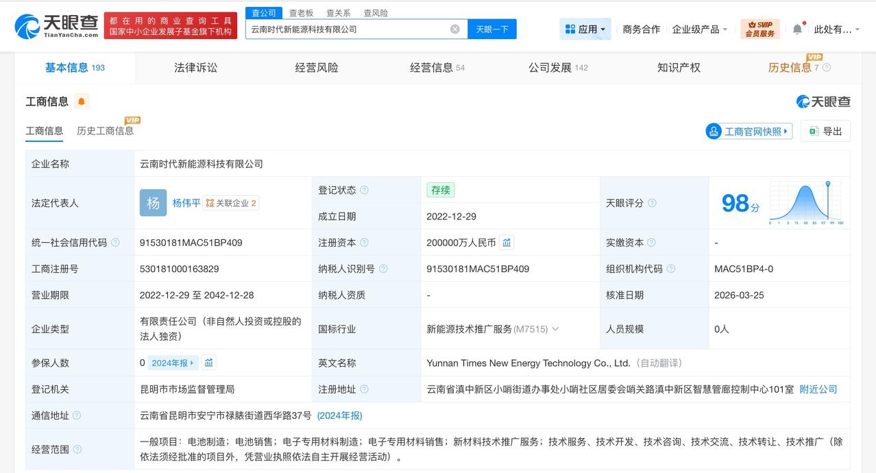 宁德时代旗下云南新能源公司增资至20亿增幅100%天眼查工商信息显示，近日