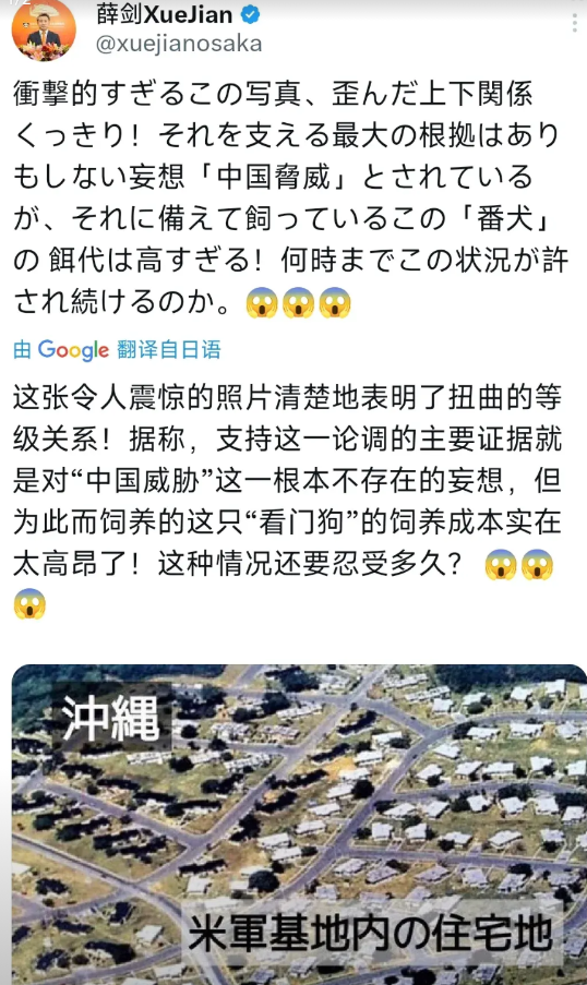 中国驻日本大阪总领事薛剑在5月3日晚发文称：“这张触目惊心的照片，清晰地展现出一