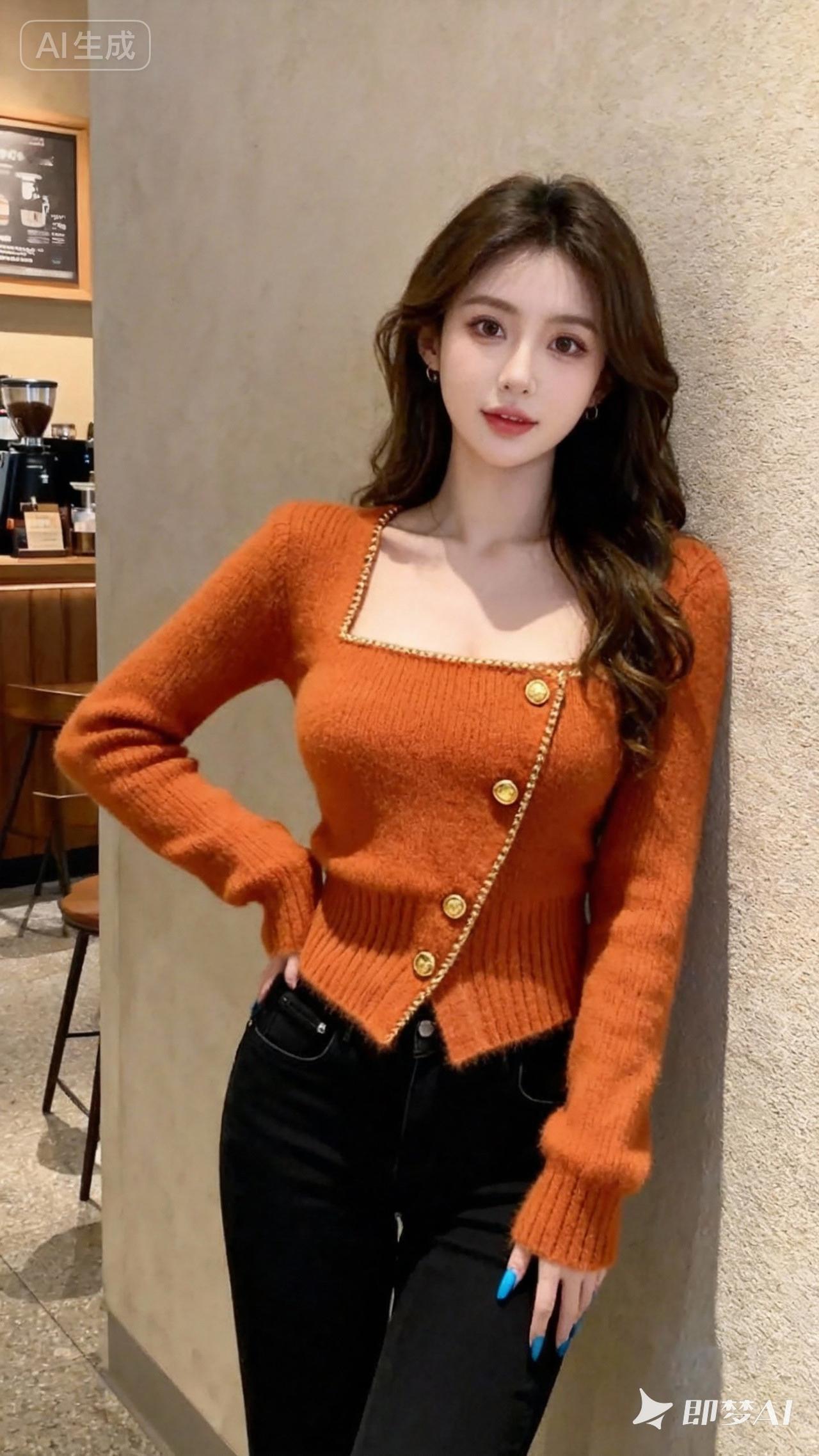 咖啡店里，温暖氛围，人像摄影，日常快照风格，非精心构图或打光，御姐风穿搭，气质美