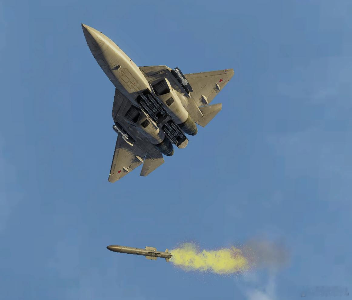 俄罗斯第五代苏57战斗机发射R77M中远程空空导弹。