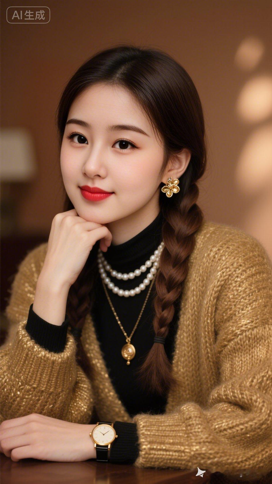 优雅复古风，珍珠项链与金色毛衣的完美搭配，尽显女性魅力！