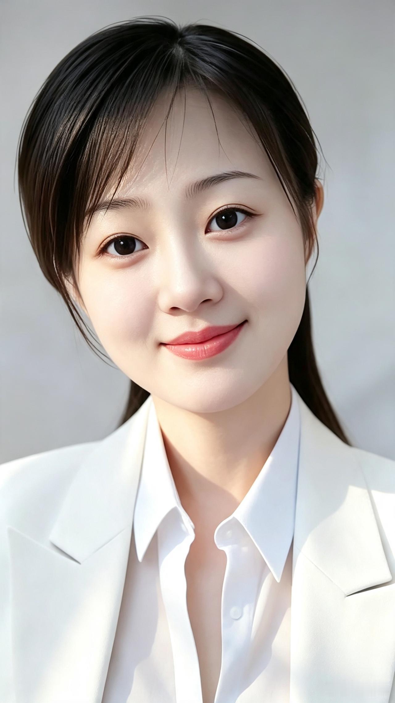 晨光知性佳人晓光轻落玉容柔，素色西装衬静悠。黑发垂丝含温婉，明眸似水