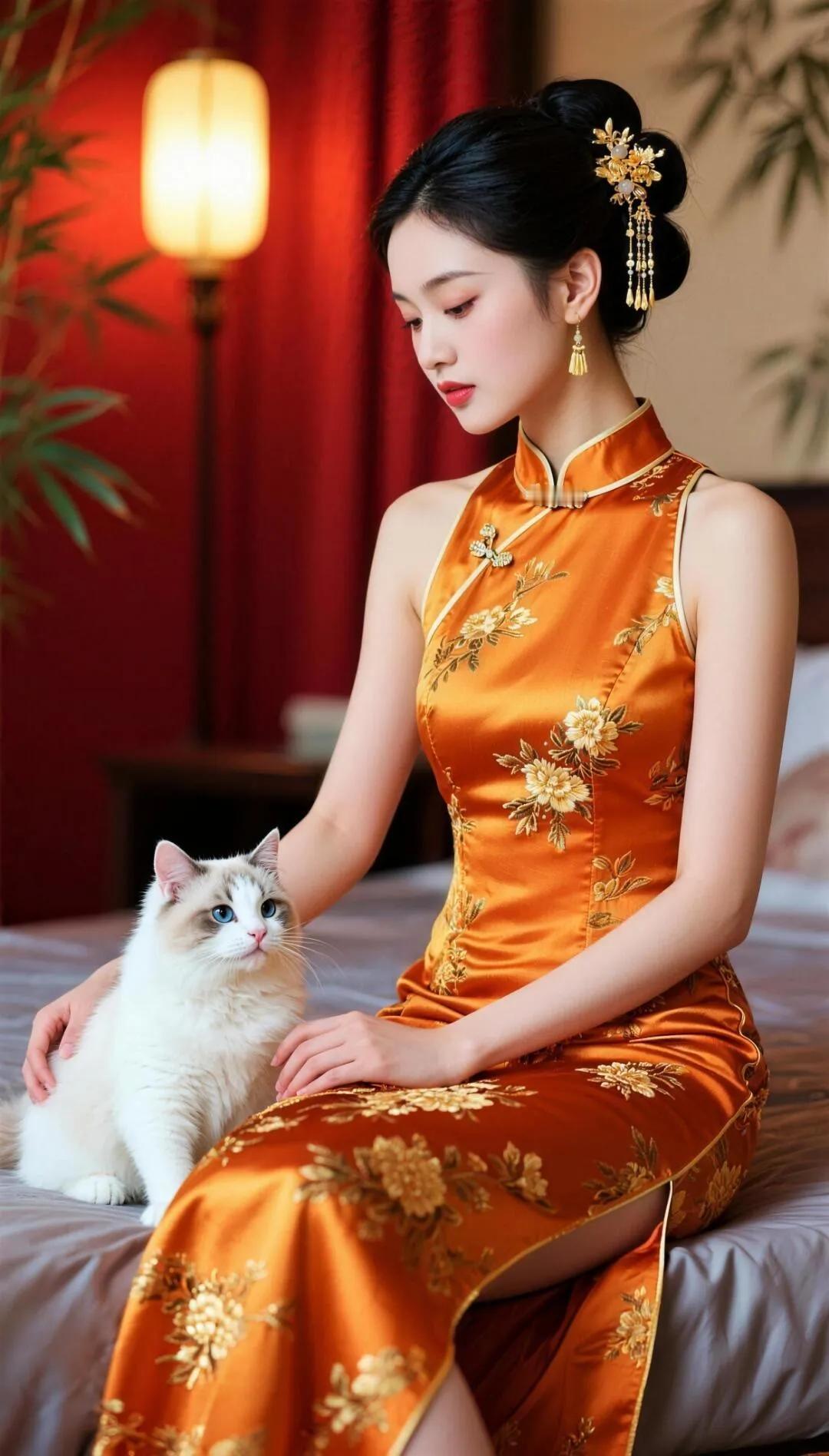 东方美人与猫咪的优雅时光