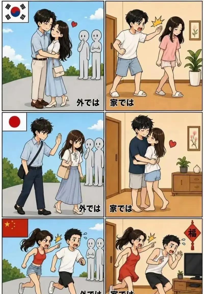 中日韩三国夫妻关系差异，日本人在外面男人显得地位很高，实际上在家很恩爱，韩国人夫