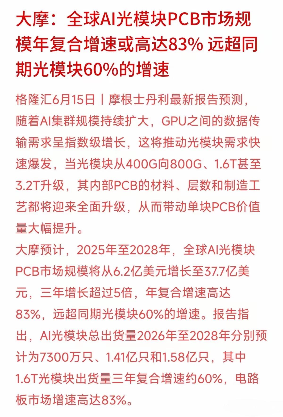GPU之间的数据传输增长呈指数级增长，这都涨到天上去了，全球AI光模块PCB市场