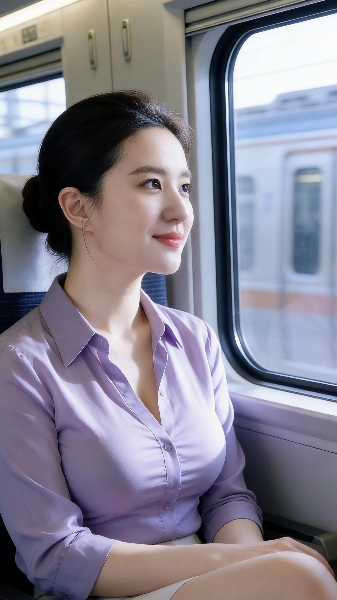 浅紫色衬衫在车厢的柔光里泛着细腻的光泽，她安静倚在座椅上，目光跟着窗外掠过的站台