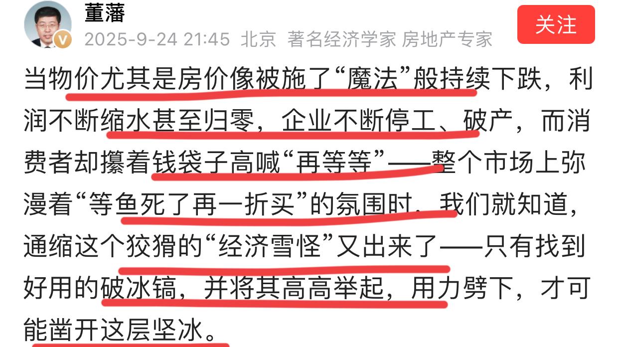 著名经济学家，房地产专家北师大董教授再次发出警示！！物价和房价大幅度下跌，是造
