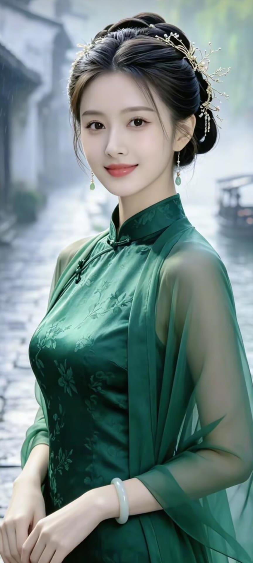 雨中漫步，绿衣美人，古风韵味十足