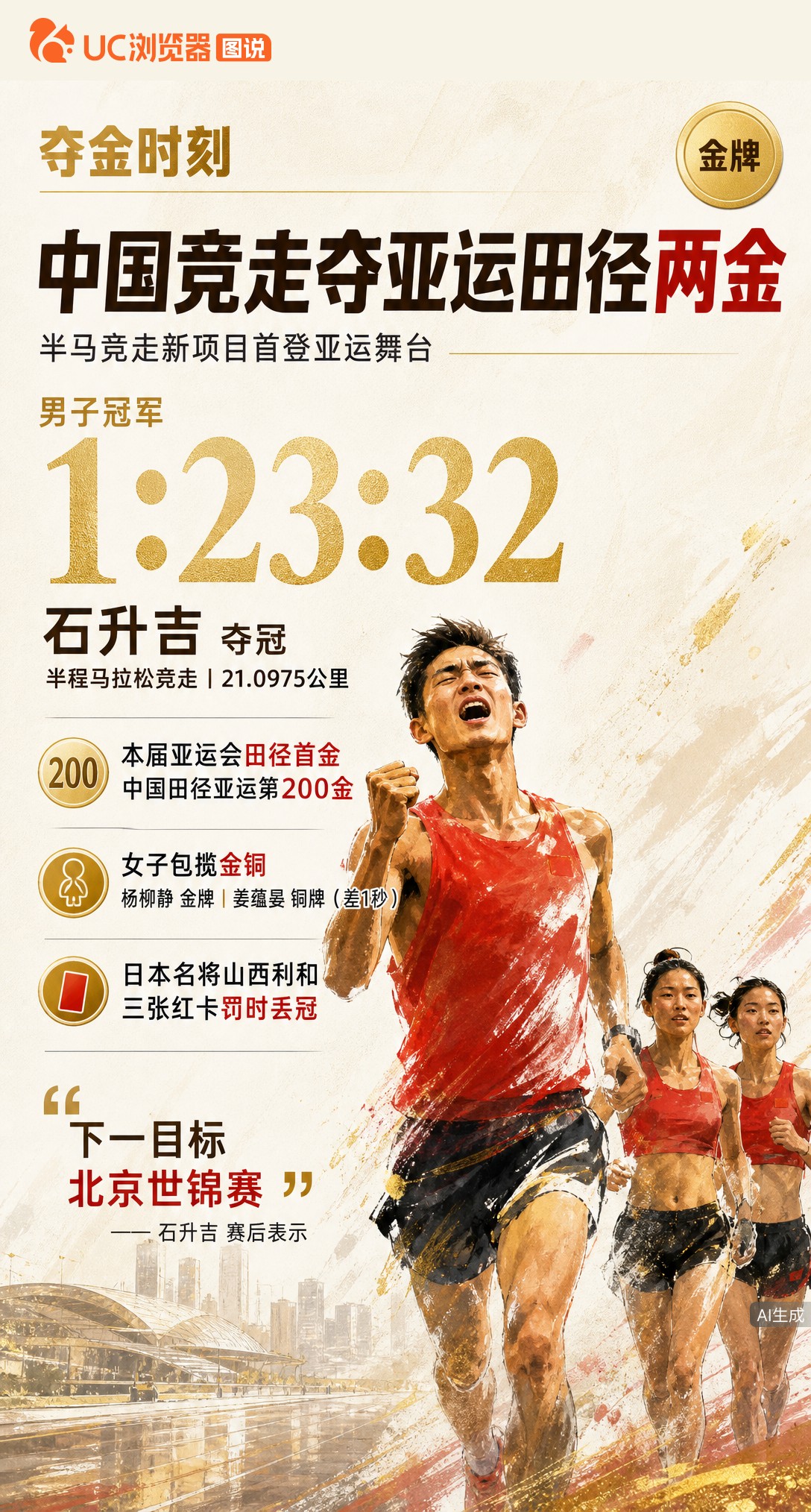 中国田径亚运第200金落地！石升吉1小时23分32秒夺男子半马竞走冠军，新项目首登亚运即摘金。日本名
