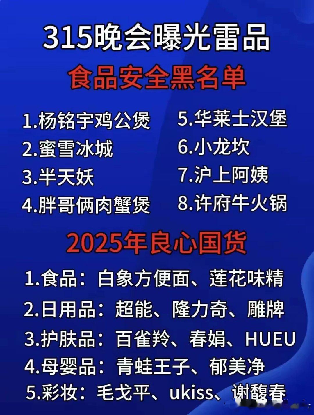 315晚会315晚会公布的红黑榜!大家看出什么名堂了吗？食品安全黑名单，都在我们