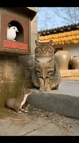 笑不活了！这哪是看门猫啊，分明是鸽子的“特邀观察员”，主打一个佛系站岗、绝不干涉