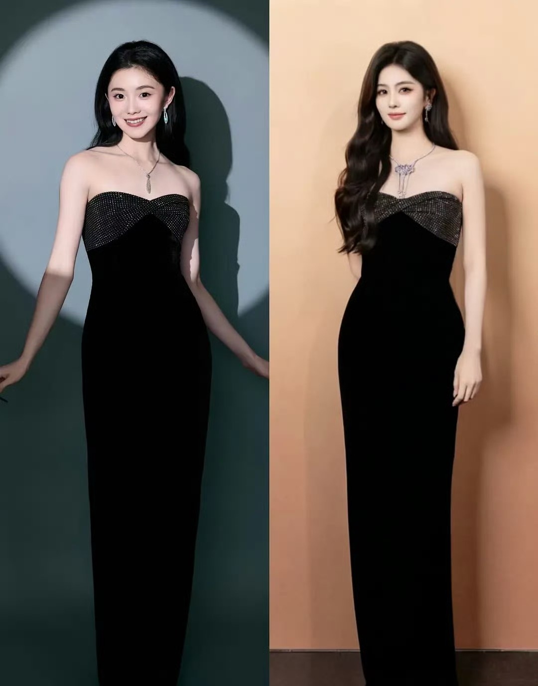 刘浩存和白鹿同款晚礼服造型。