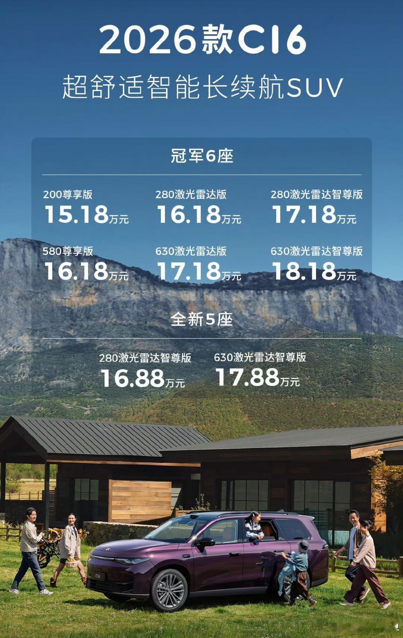 2026款零跑C16价格，五座版16.88-17.88万，六座版15.18-18