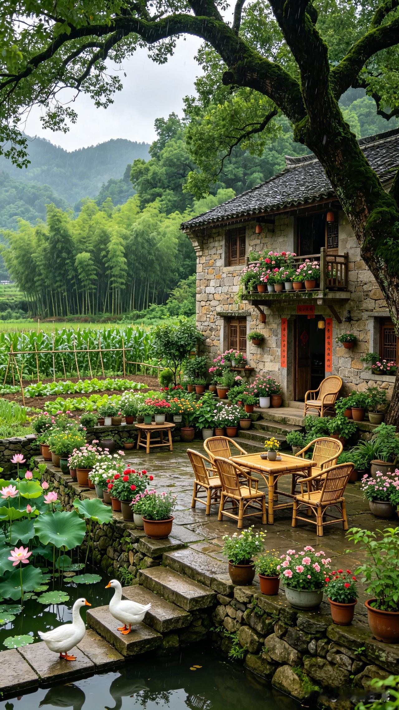 一院烟雨，满庭繁花。深山里的石屋小院，雨丝轻轻洒落，池塘荷莲亭亭，白鸭悠然踏过青