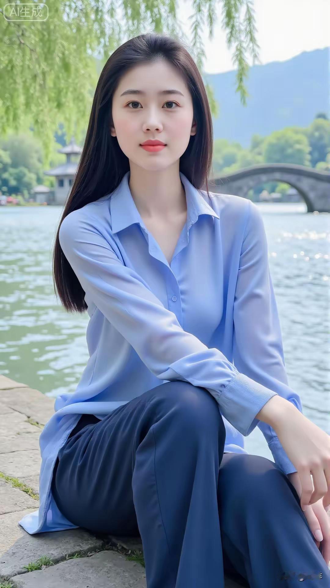 美女湖边美景
