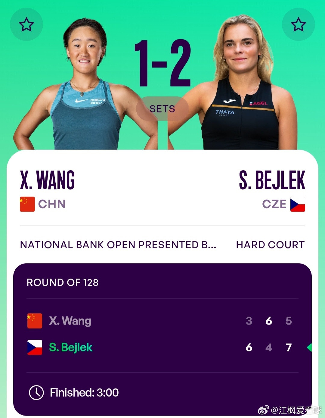 WTA1000多伦多站🇨🇦女单第1轮王曦雨🇨🇳3-6/6-4/5-7不敌