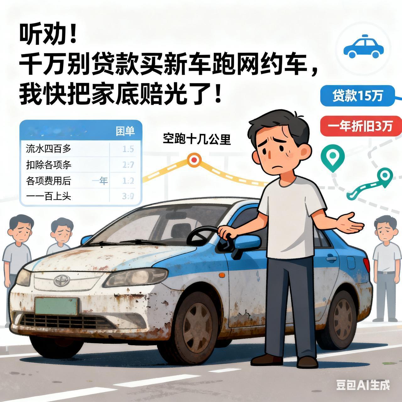 千万别贷款买新车跑网约车。四十多岁失业，听人说这行门槛低能养家，咬牙贷款15