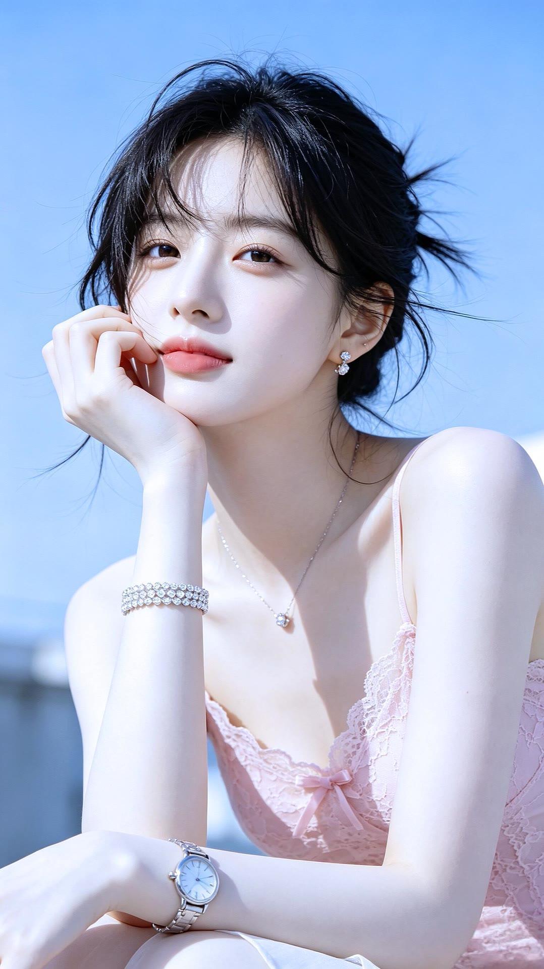 夏日甜美少女，粉嫩蕾丝裙，清新自然风