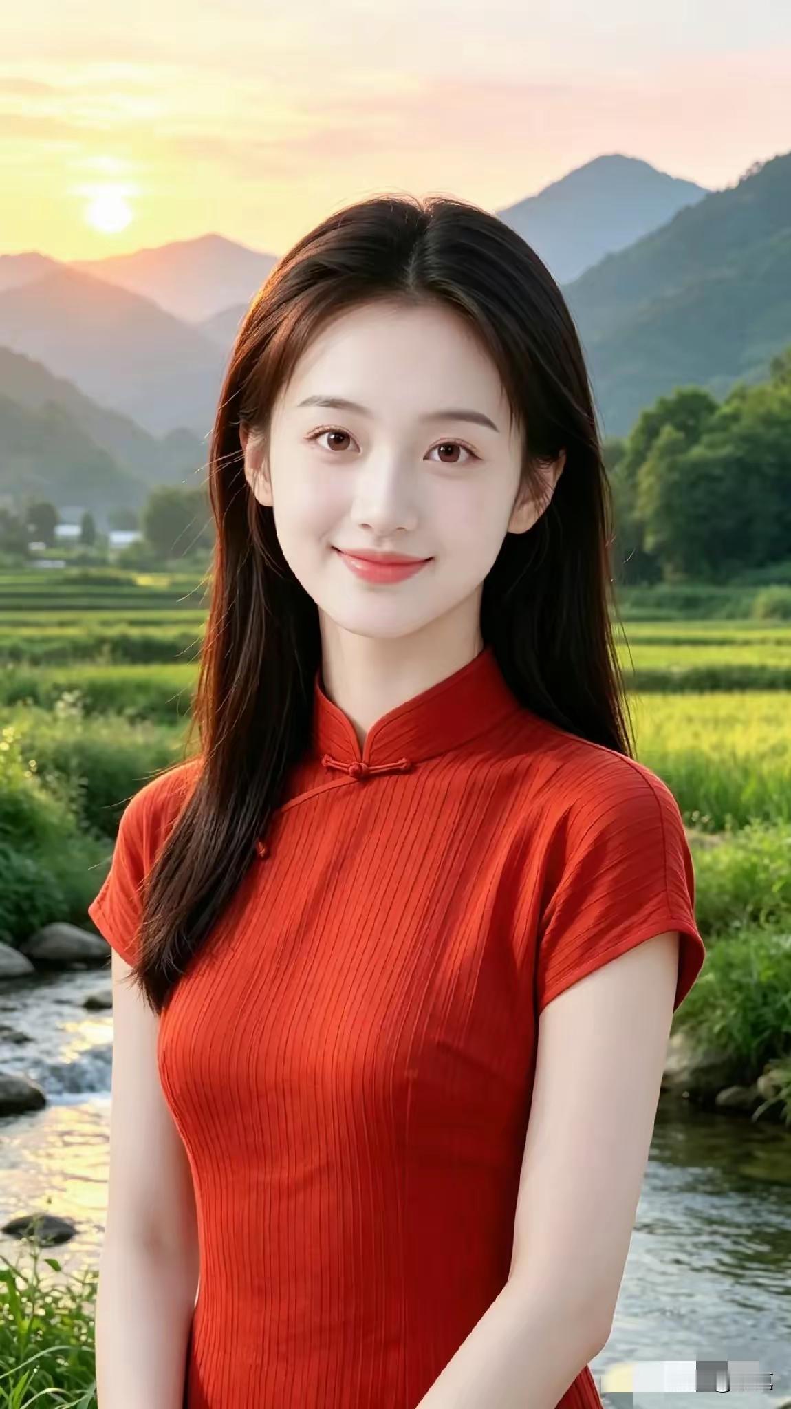 这位小姐姐穿着红色旗袍，站在山水间。