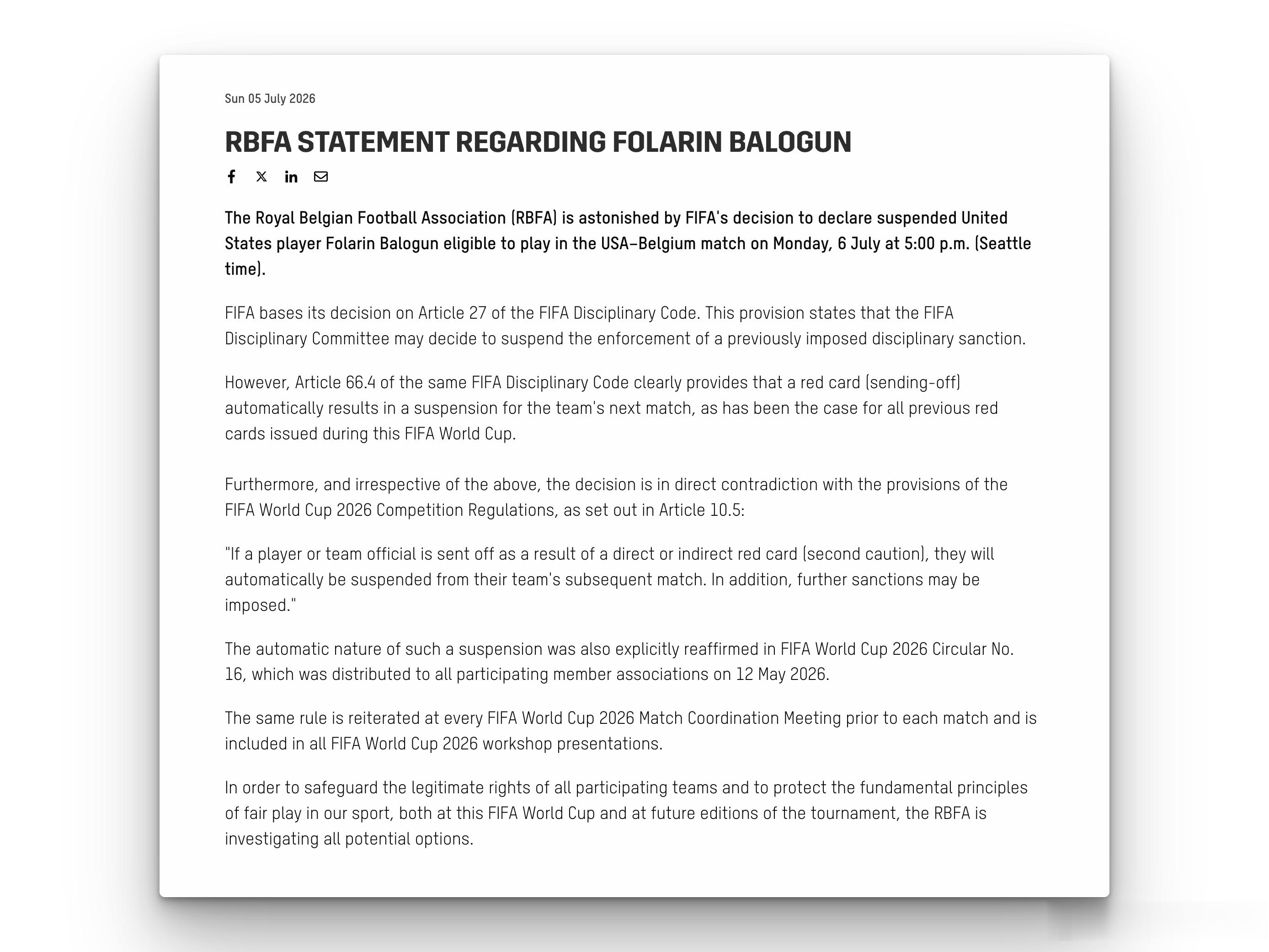 比利时足协针对国际足联取消美国球员巴洛贡停赛处罚事件发表声明：比利时皇家足球协会