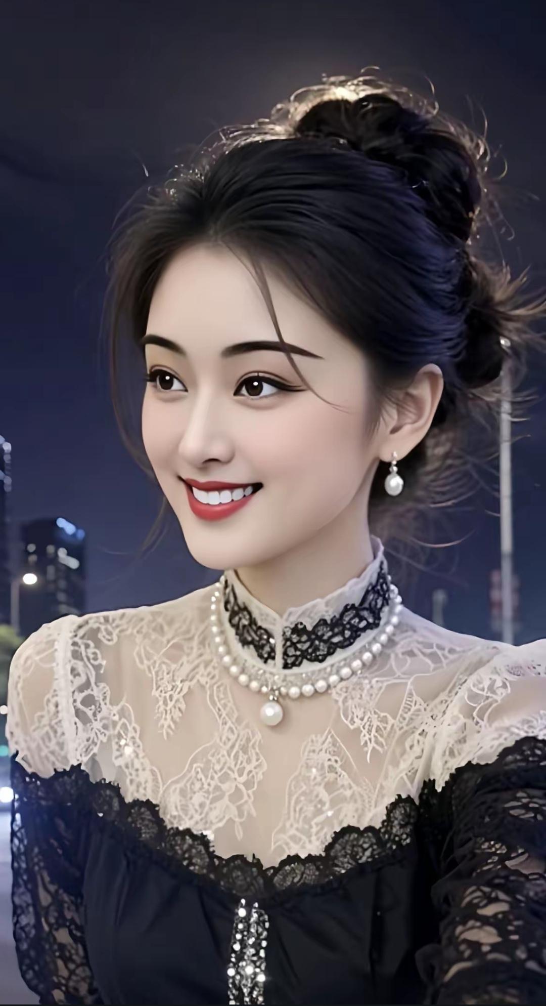优雅夜色下的迷人微笑，珍珠项链与蕾丝裙的完美搭配，都市夜景中的时尚女性。美女高