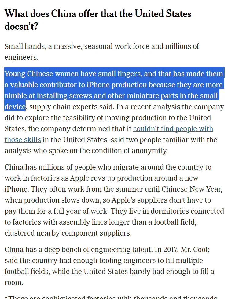 美国《纽约时报》认为，美国制造业无法与中国竞争的一个很重要的原因是：中国人有身体