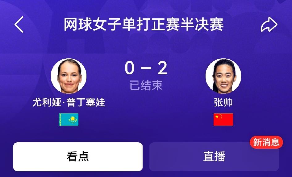 如何看待尤利娅·普丁塞娃0-2张帅（6-4、6-2）亚运会网球女单半决赛复盘