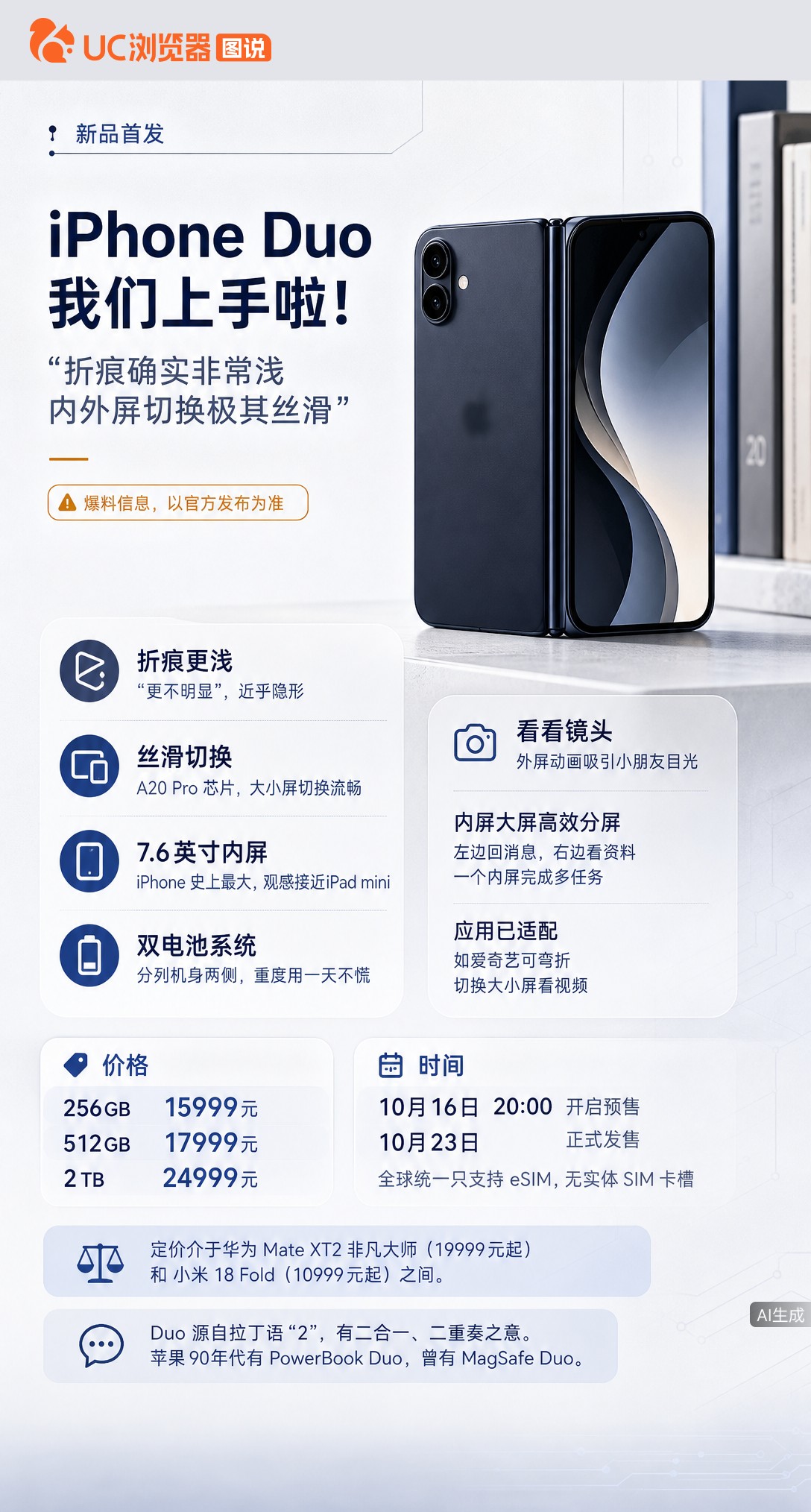 苹果首款折叠屏iPhoneDuo真机上手，折痕确实浅，开合动画也惊艳。但国行15999元起、只支持e