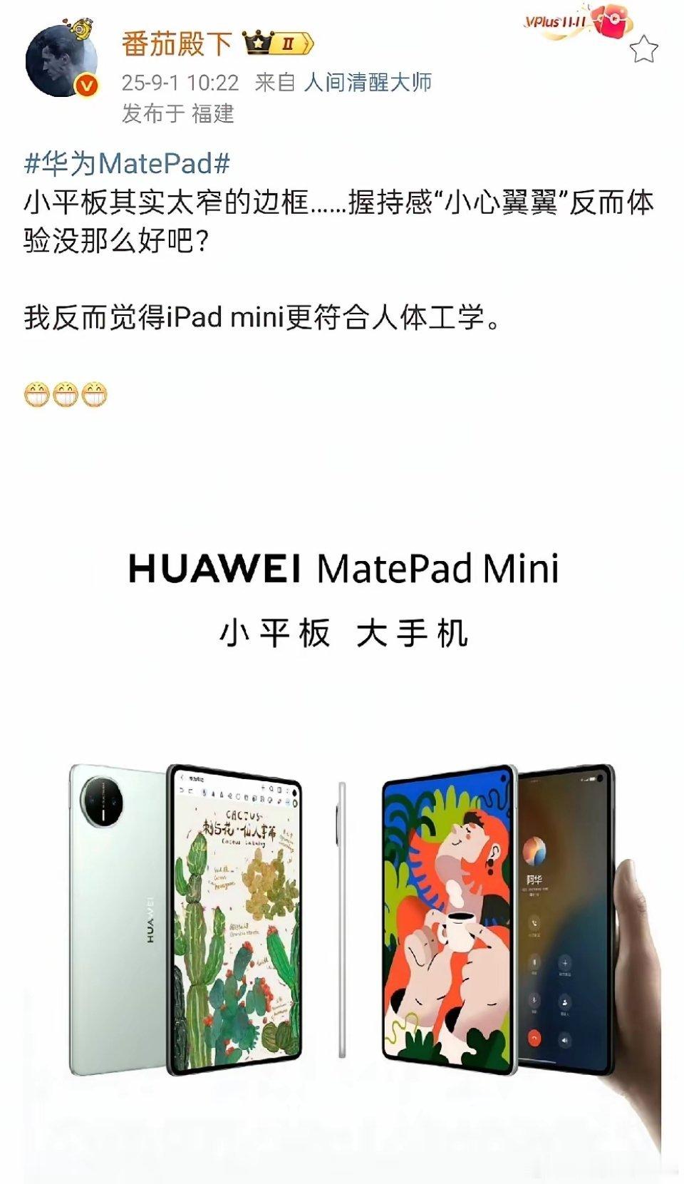 “番茄殿下”表示，小平板边框太窄，反而影响使用体验，相比之下iPadmini大