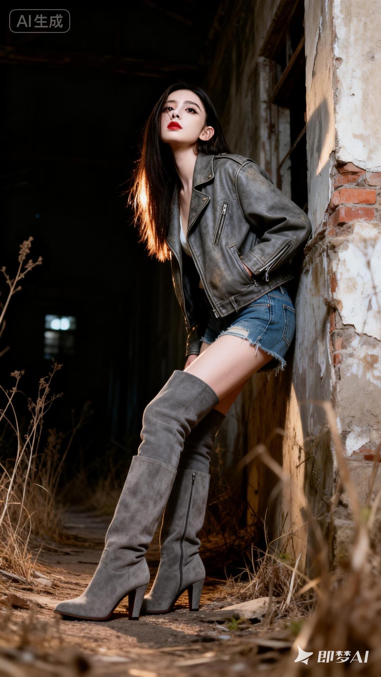 都市酷炫风，皮夹克+牛仔短裤+高筒靴，尽显时尚态度！