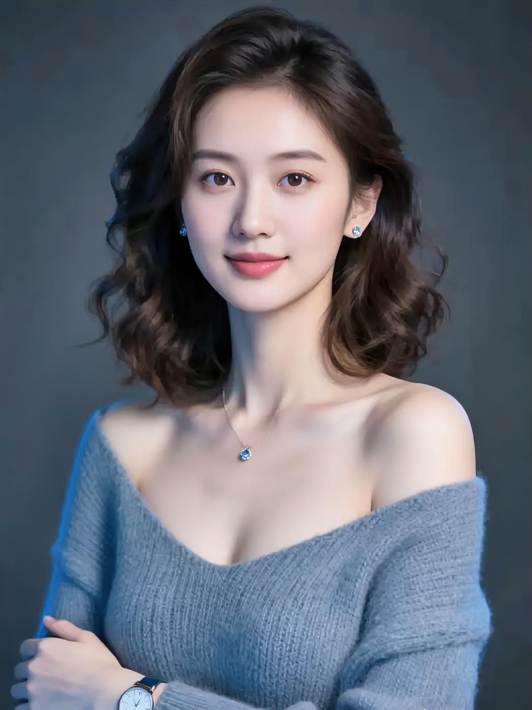 蓝灰毛衣滑落肩线卷发轻卷着微光颈间一点星子亮腕上时间慢慢走笑意浅