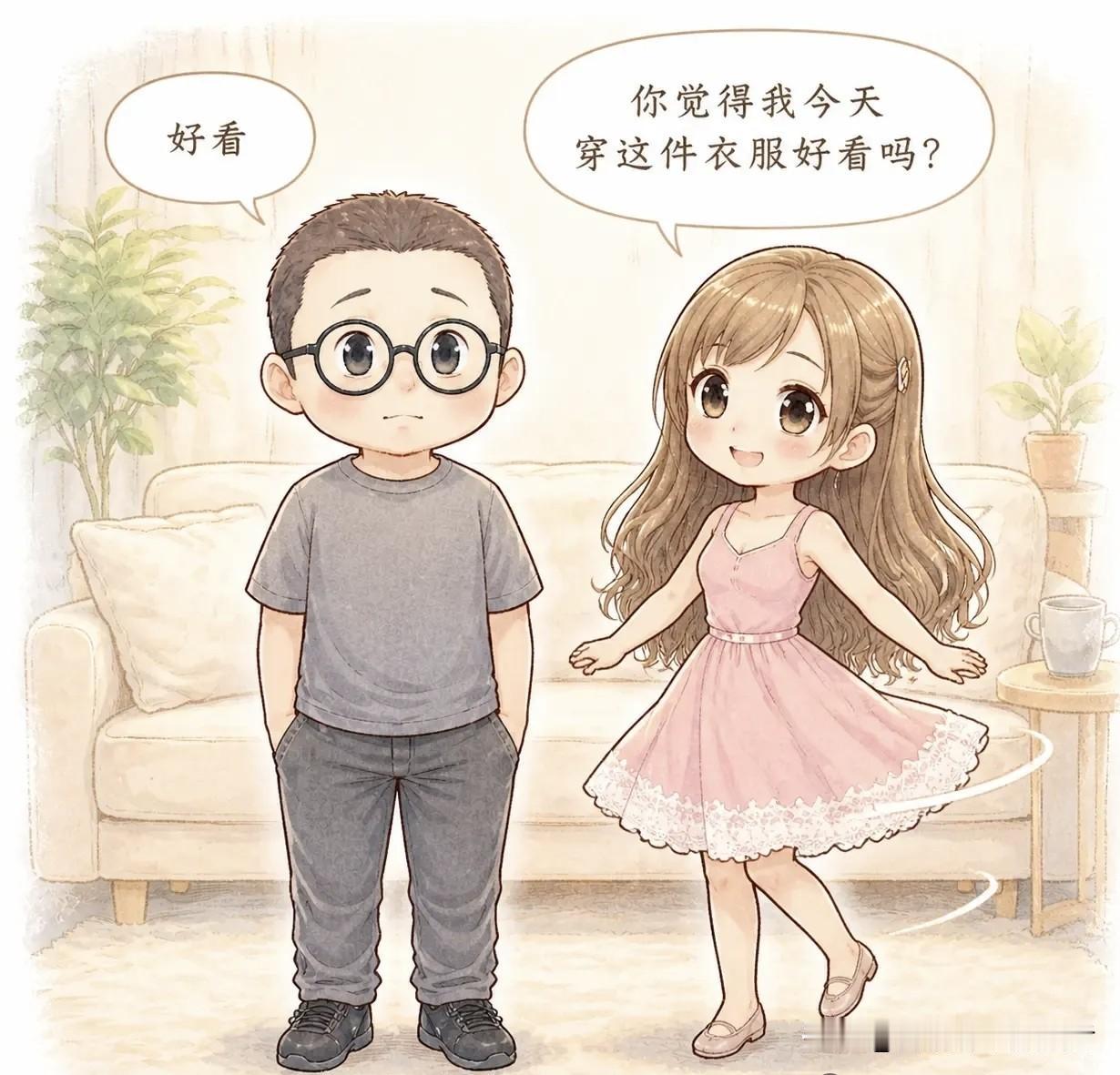 趣味漫画：：老婆问我：“你觉得我今天穿这件衣服好看吗？”我看了看：“好看。”她皱