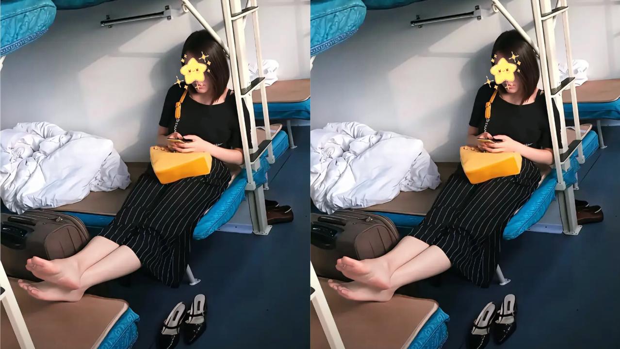 一个女生穿高跟鞋挤完春运似的车站，好不容易扒上火车，对面空位没人，趁这功夫